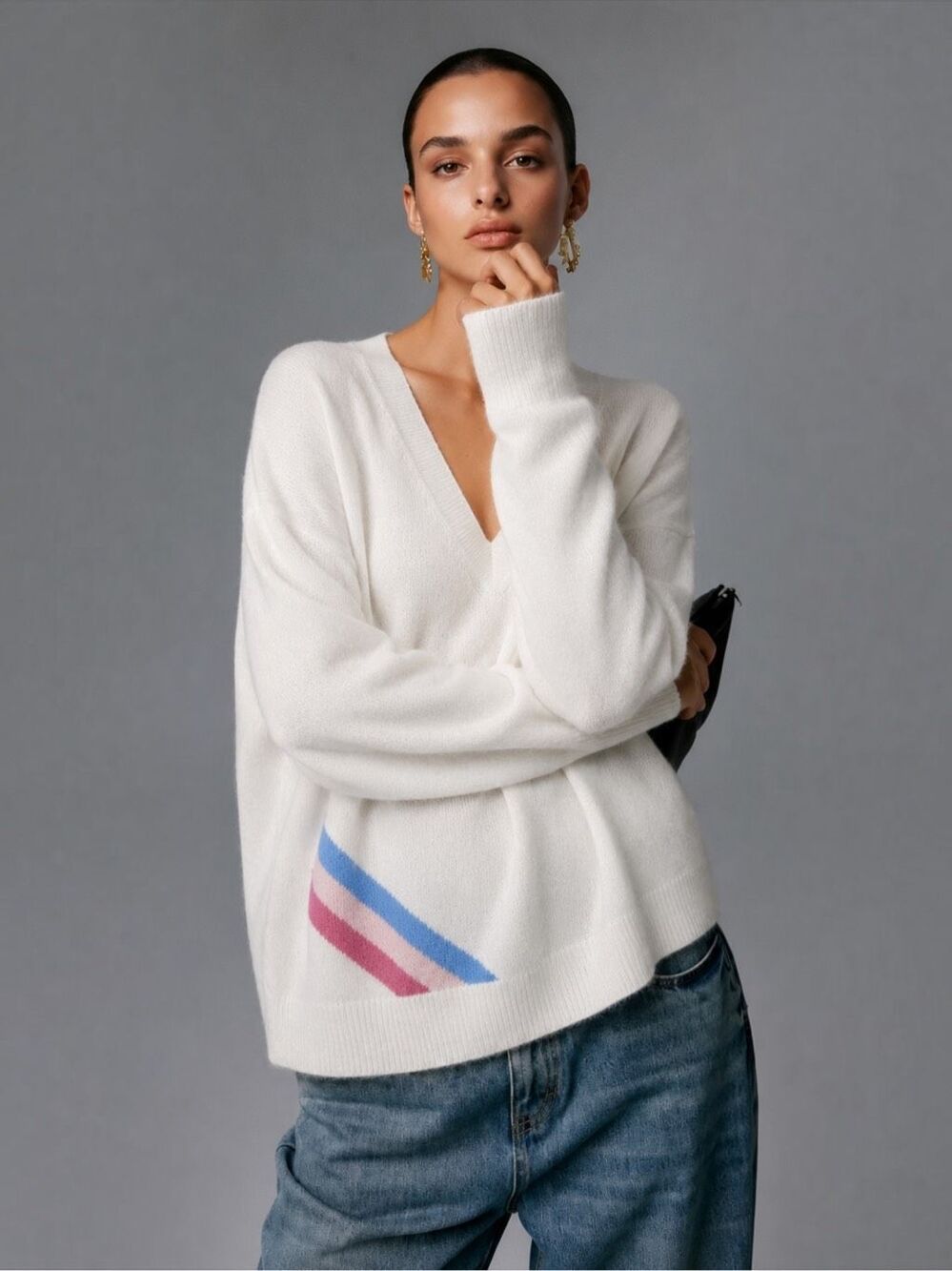 360CASHMERE 100% Cashmere Star V-Neck Sweater Ivory Oversized Medium M